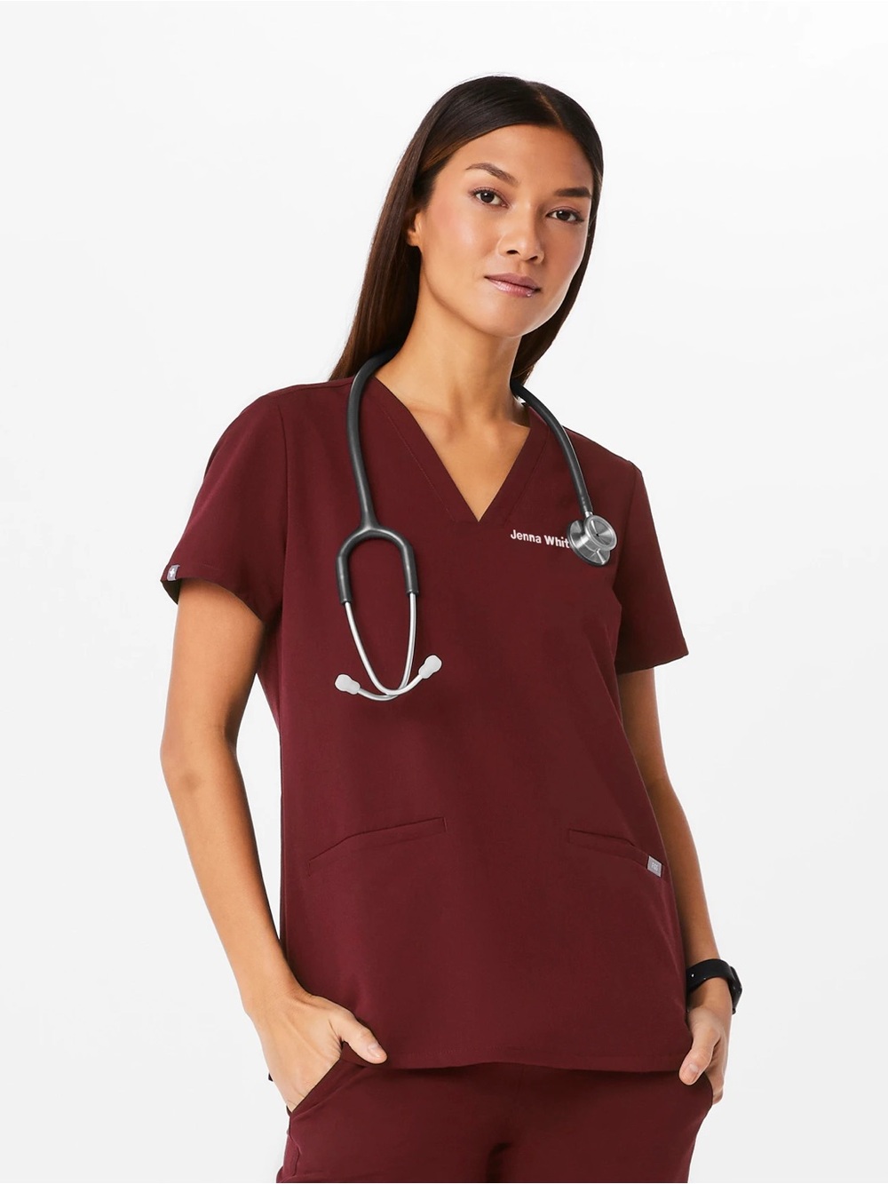 Women’s V-Neck Figs Scrub Top in Burgundy